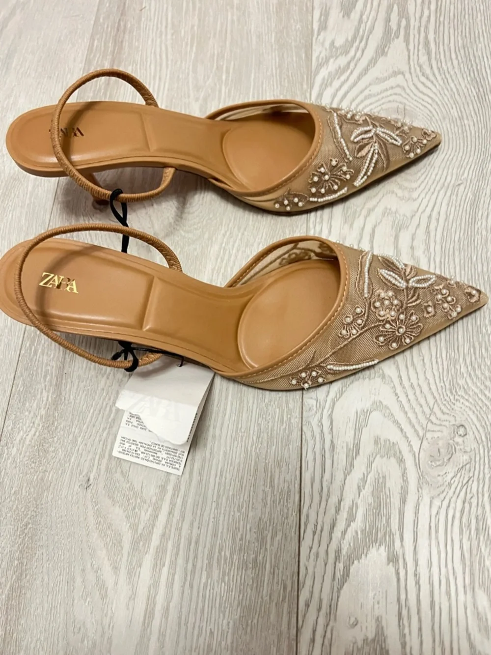Zara tan embroidered & beaded mesh sling-back heels. 10 NWT